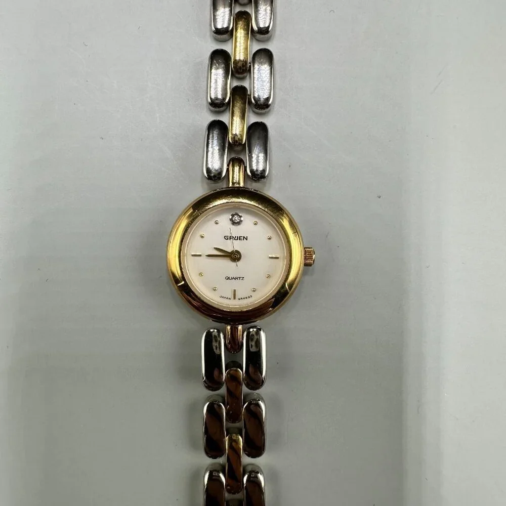 Gruen Watch Women Silver Gold Two Tone 20MM Round Dial New Battery 6.25